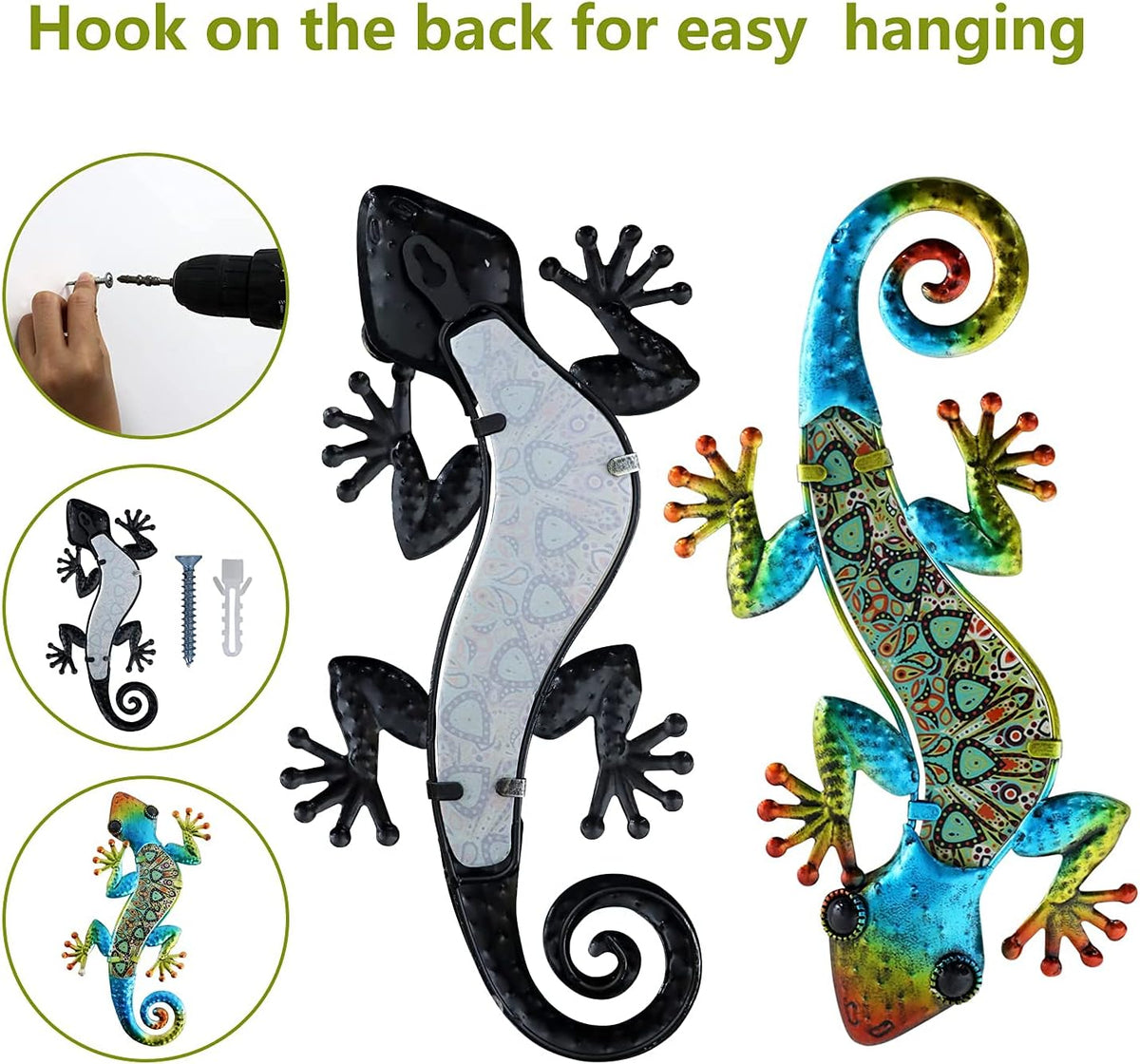 HONGLAND 2Pcs Metal Gecko Wall Decor Lizard Garden Art Color Hanging Glass Sculpture for Indoor