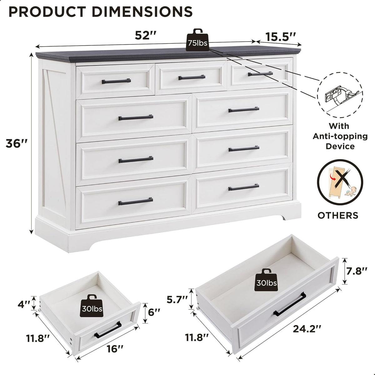 Farmhouse 9 Drawer Dresser for Bedroom, 36 Inch Tall Modern Dresser TV Stand with Large Drawers &