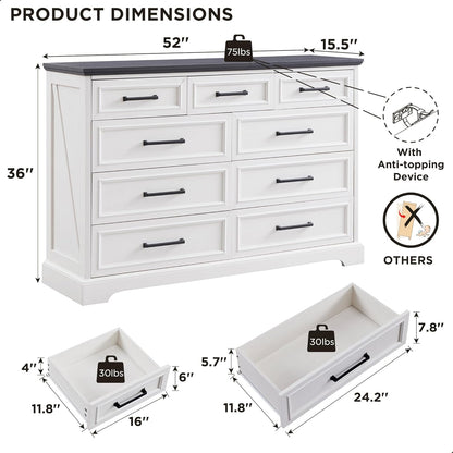 Farmhouse 9 Drawer Dresser for Bedroom, 36 Inch Tall Modern Dresser TV Stand with Large Drawers &