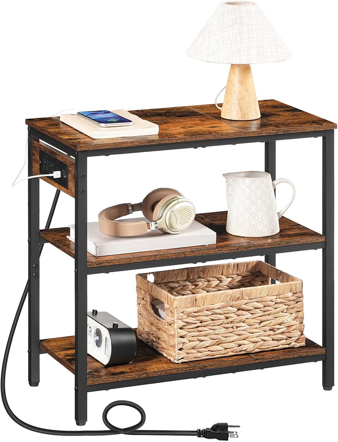 HOOBRO End Table with Charging Station, Simple Rustic Side Table with 3-Tier Storage Shelf, Narrow