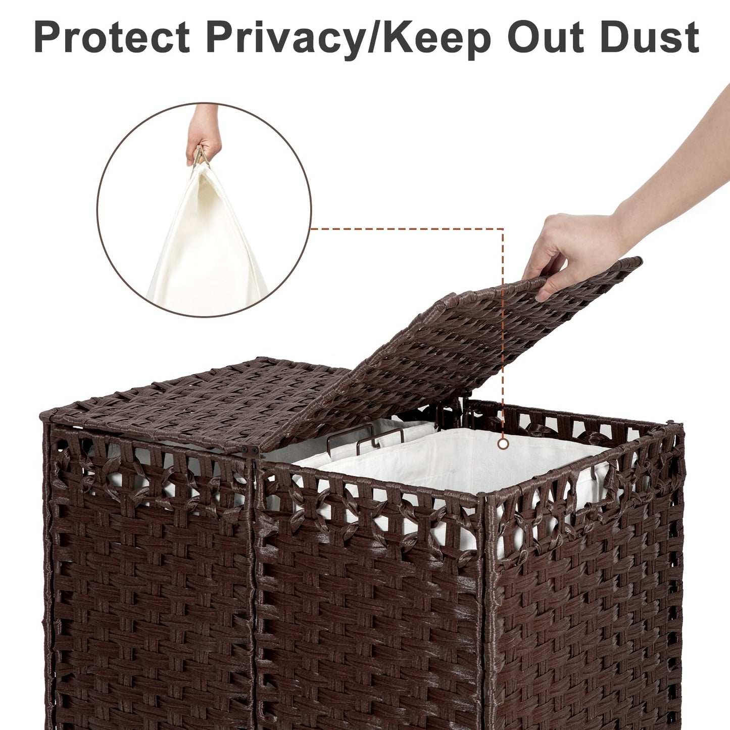 130L Foldable Laundry Hamper with Lid - Handwoven Rattan Storage Basket, 2-Section Clothes Hamper