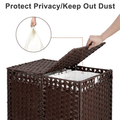 130L Foldable Laundry Hamper with Lid - Handwoven Rattan Storage Basket, 2-Section Clothes Hamper