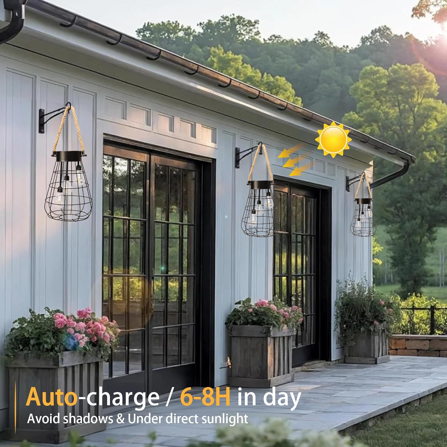 Solar Hanging Lantern with Rope, Vintage Industrial Pendant Light, 12.8" Solar Powered Outdoor