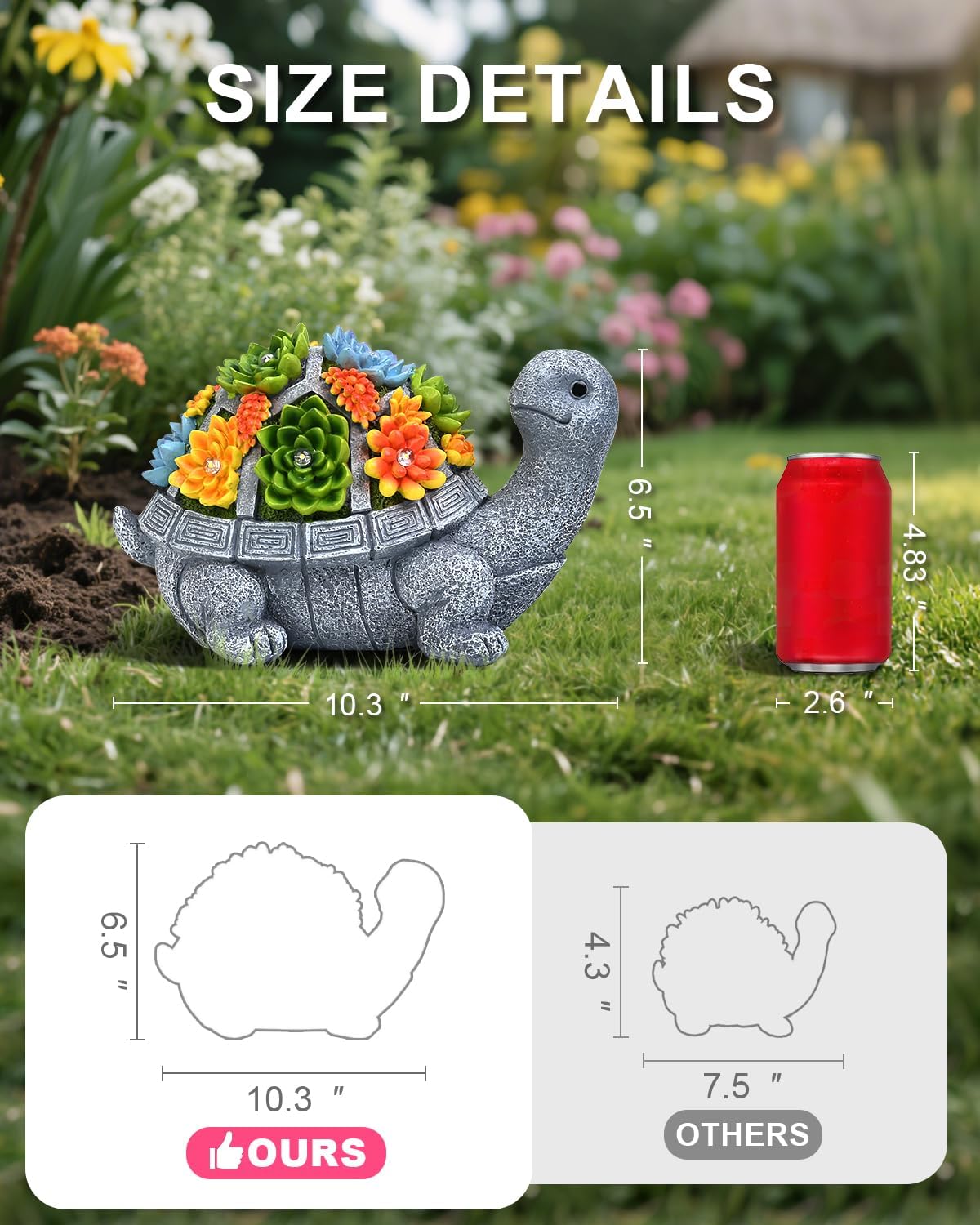 Solar Turtle Statue Garden Decor for Outside with Succulents and 7 LED Lights – 10.3 Inch Cute Lawn