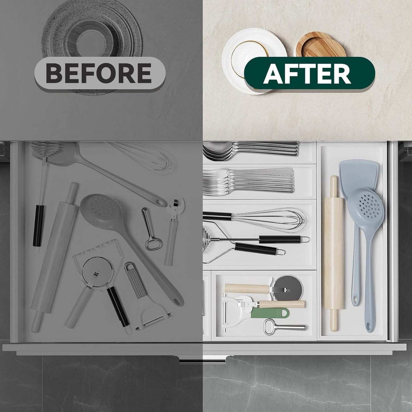 Utensil Organizer Silverware Drawer Organizer - Set of 2, Stackable Kitchen Organization, Bamboo