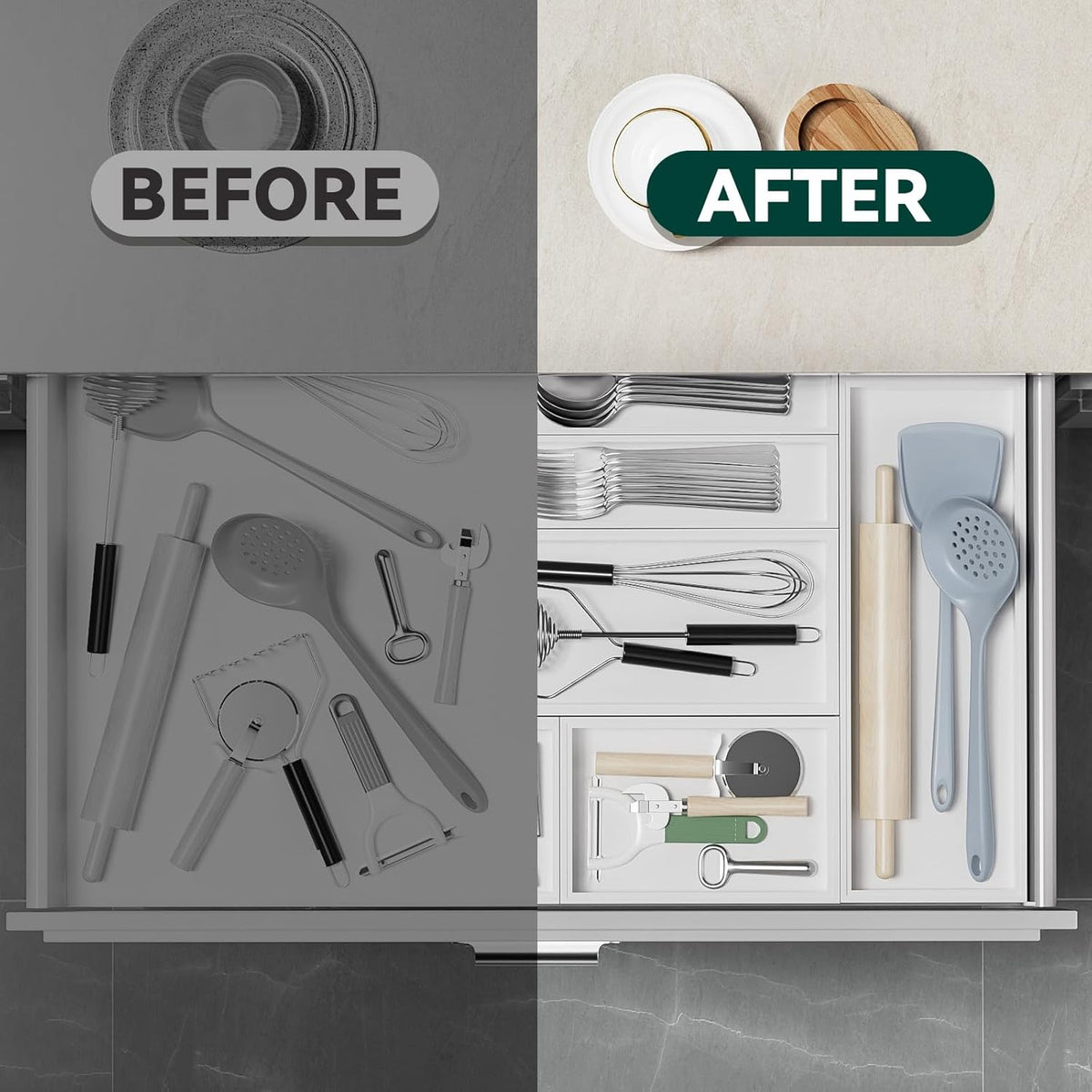 Utensil Organizer Silverware Drawer Organizer - Set of 2, Stackable Kitchen Organization, Bamboo