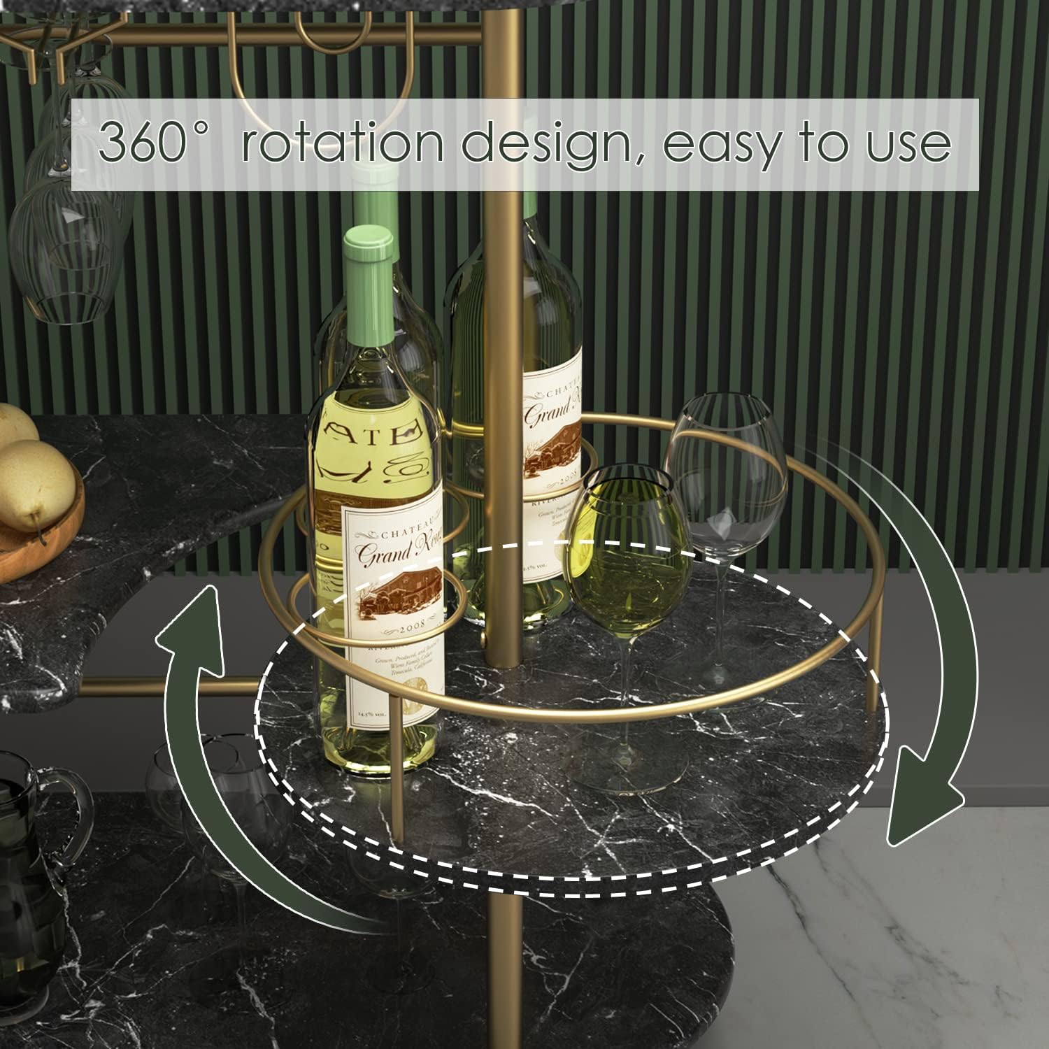Black Bar Carts with 4-Tier Storage Shelves, Mobile Bar Serving Cart with Wine Rack and Glass