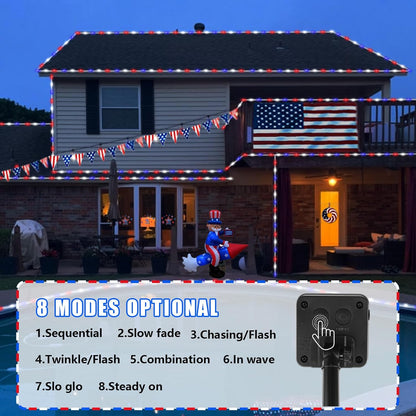 YEGUO 4th of July Decorations Red White and Blue Lights, 2 Packs Each 33ft 100 LED Solar Rope Light
