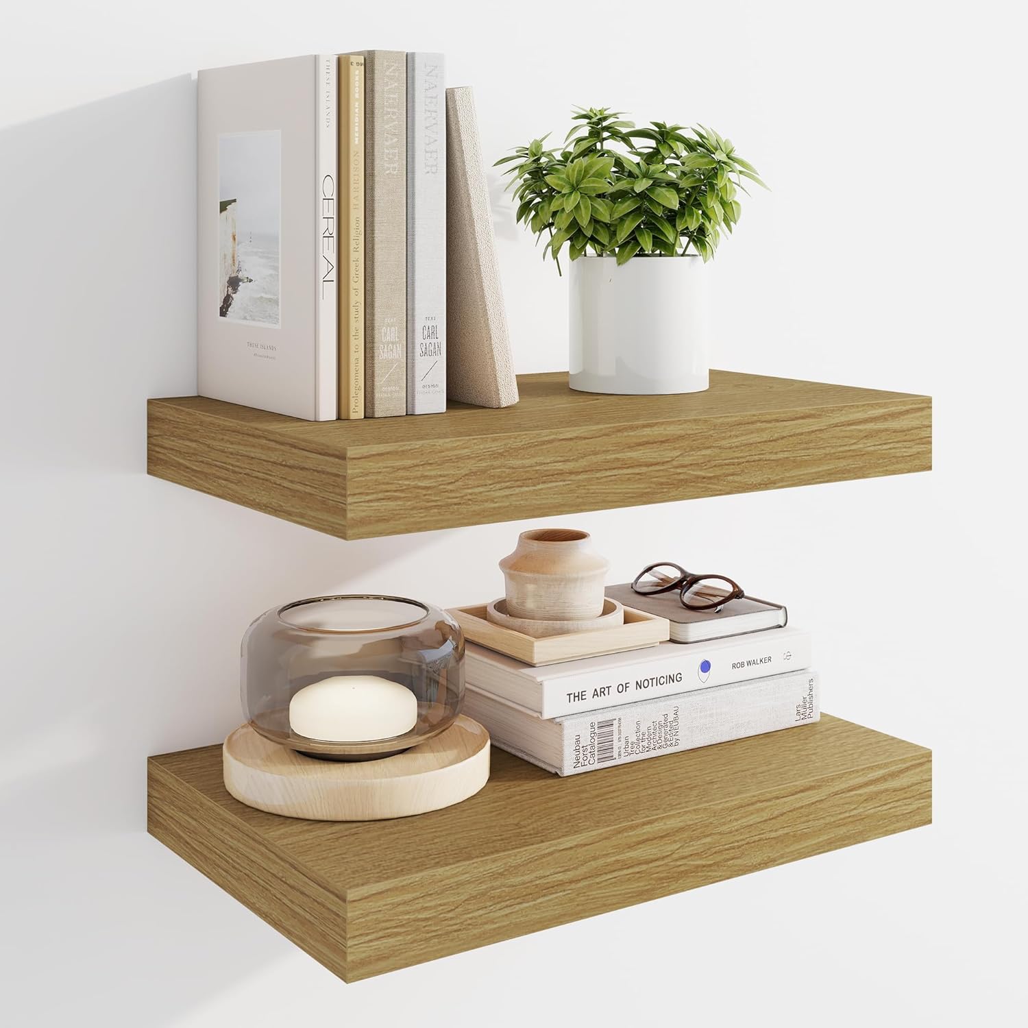 Marsmiles 16" Floating Shelves for Wall, Wooden Shelves with Invisible Brackets Set of 2, Rustic