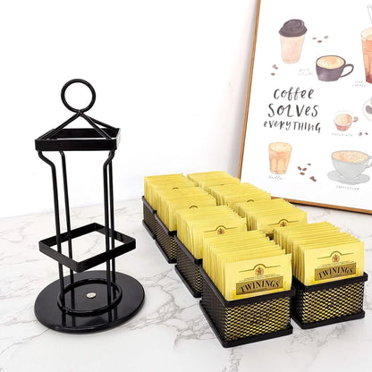 Tea Bag Organizer Coffee Holder Storage Spinning Carousel Basket Black Adjustable Tea Caddy For