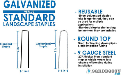Sandbaggy Galvanized 6-Inch Landscape Staples | Industrial Grade 9 Gauge Steel | Also Called Fabric