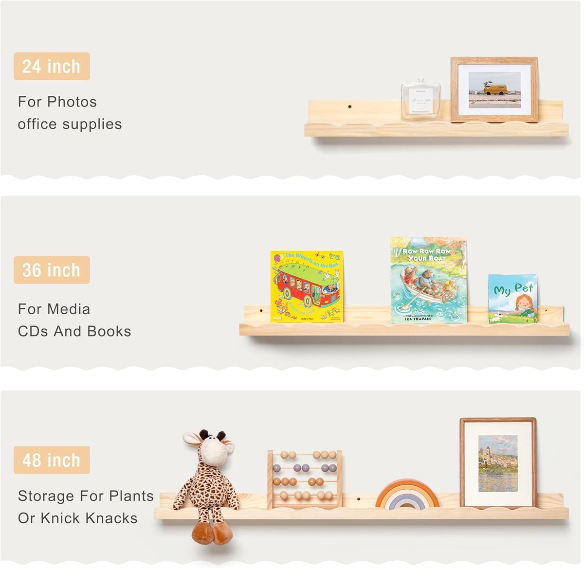 Fun Memories Picture Ledge Shelf for Wall, 36 inch Pine Wood Nursery Book Shelves Set of 2- Wall