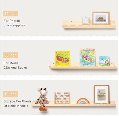Fun Memories Picture Ledge Shelf for Wall, 48 inch Pine Wood Nursery Book Shelves Set of 2- Wall