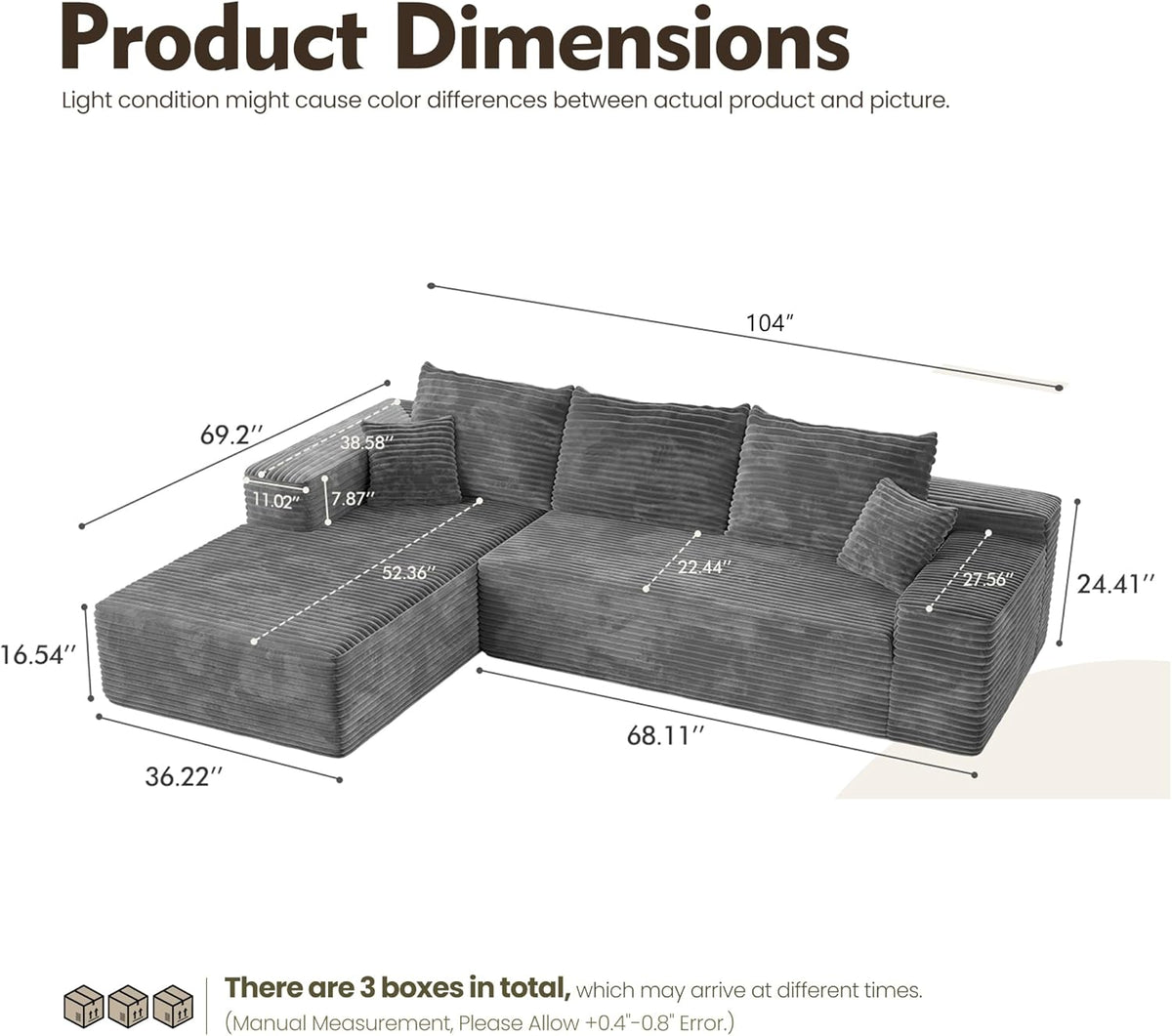 HOOOWOOO Cloud Sectional Couches for Living Room,Modular Sectional Sofa No Assembly,Plush Corduroy