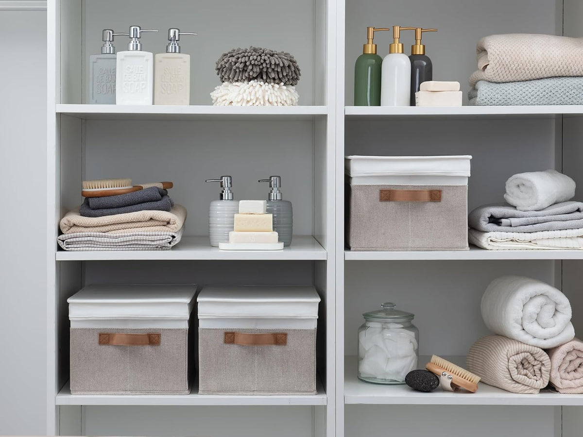 StorageWorks Large Storage Bins with Lids, Decorative Storage Boxes with Lid and PU Handles