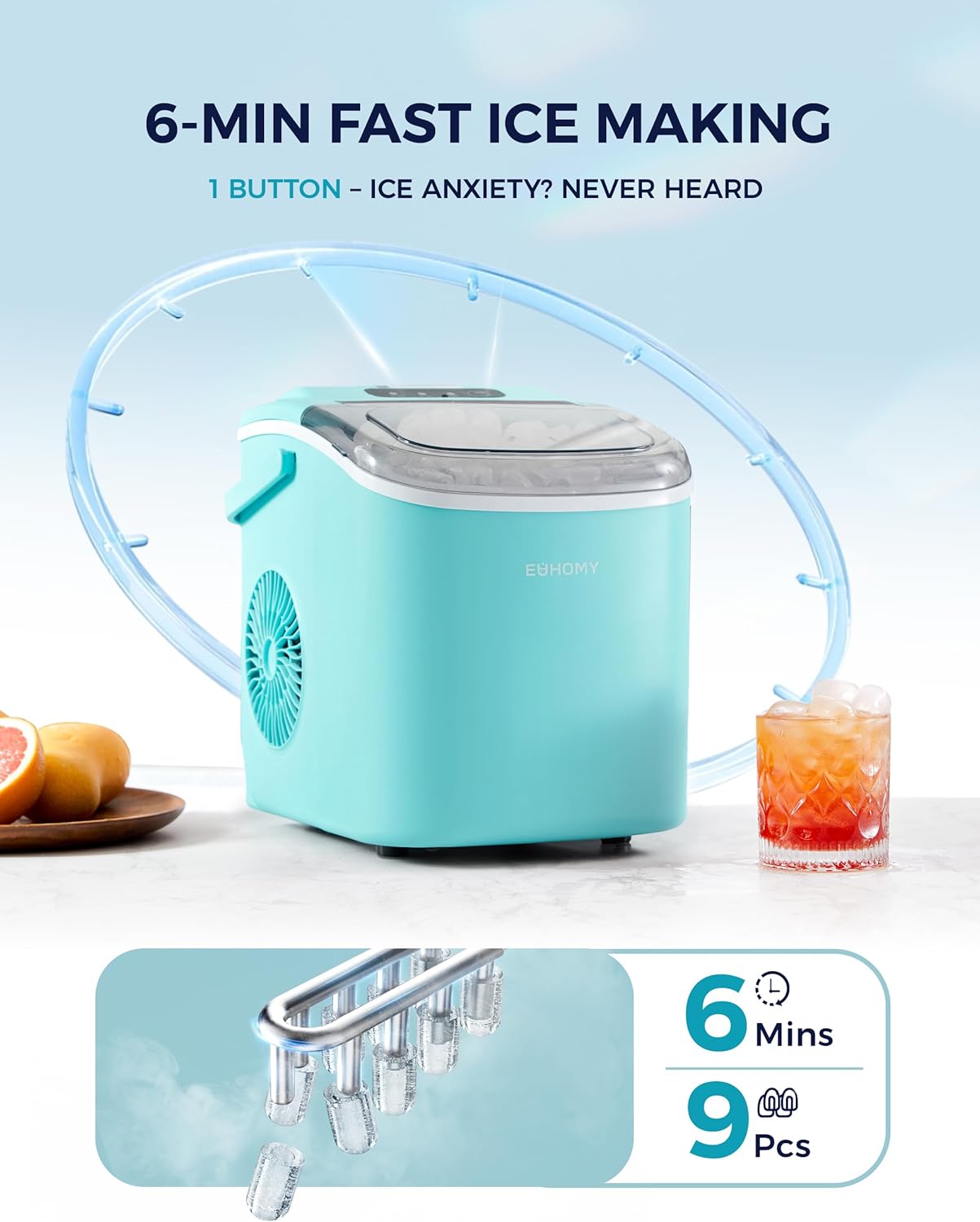 EUHOMY Countertop Ice Maker Machine with Handle, 26lbs Per Day, 9 Ice Cubes Ready in 6 Mins