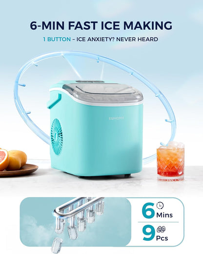 EUHOMY Countertop Ice Maker Machine with Handle, 26lbs Per Day, 9 Ice Cubes Ready in 6 Mins