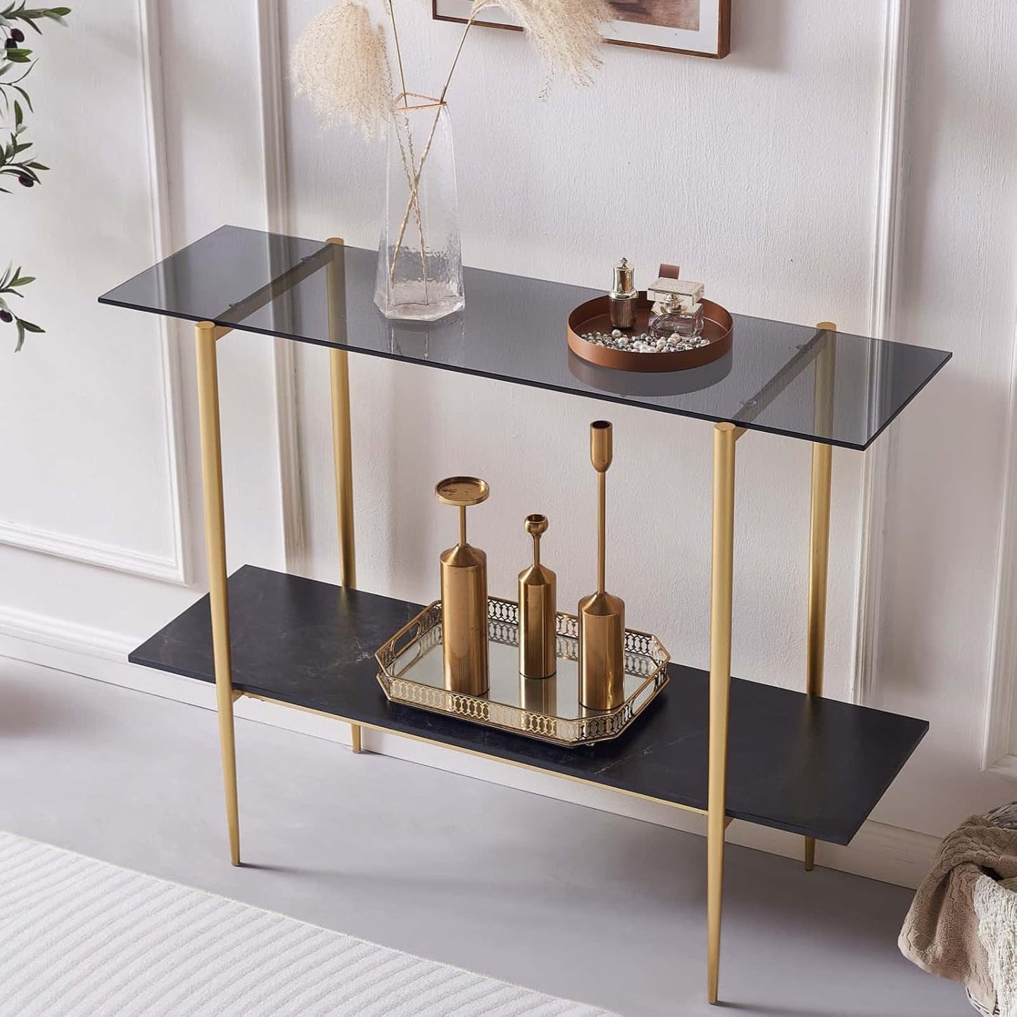 Glass Console Table for Living Room, Foyer & Entrance, 2-Tiers Mid-Century Modern Sofa Table with