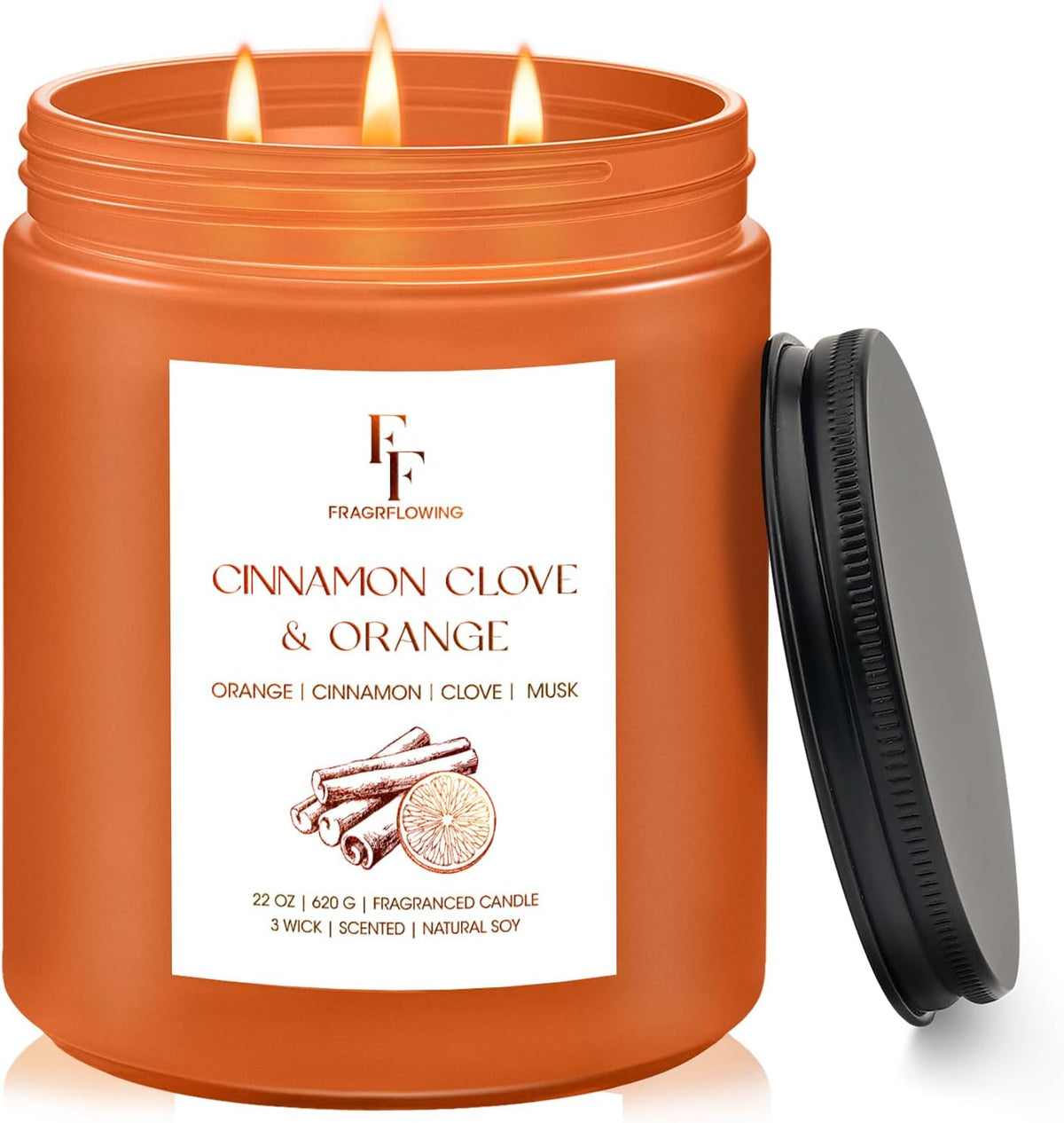 Large Fall Candle Cinnamon Clove Scented, 3-Wick 22oz Long Lasting Scented Candle, Natural Soy Wax