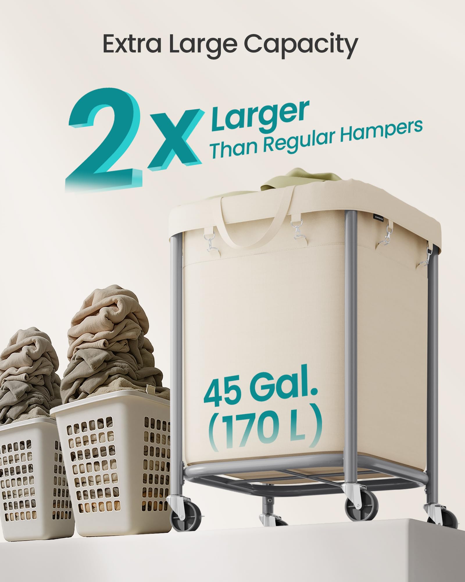 SONGMICS Laundry Basket, Rolling Steel Frame with 2 Locking Wheels, 170 L