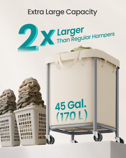 SONGMICS Laundry Basket, Rolling Steel Frame with 2 Locking Wheels, 170 L