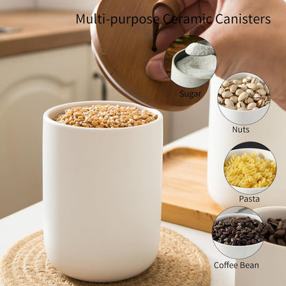 Ceramic Canister Set for Kitchen, 3pcs White Ceramic Kitchen Canisters for Countertop with Airtight