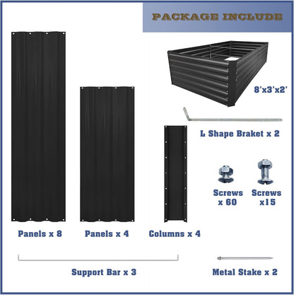 8x3x2FT Metal Raised Garden Bed Kit, Galvanized Outdoor Garden Bed Planter Box for Vegetables