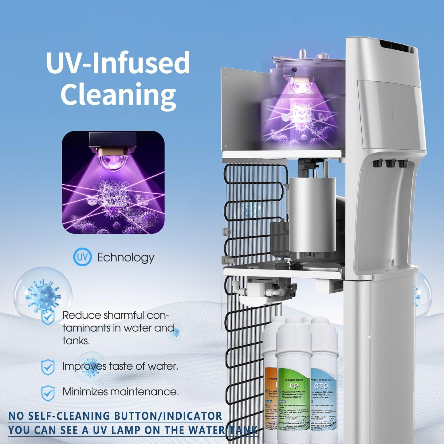 Self Cleaning Bottleless Water Cooler Dispenser with 4 Stage Water Filter 3 Temperature Settings