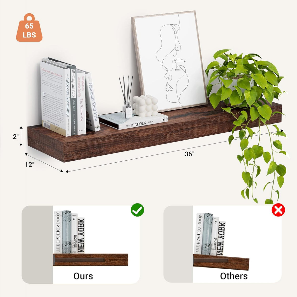 Heimlove 12" Deep Floating Shelves, 36 x 12 Inch Wall Mounted Long Floating Shelf with Invisible