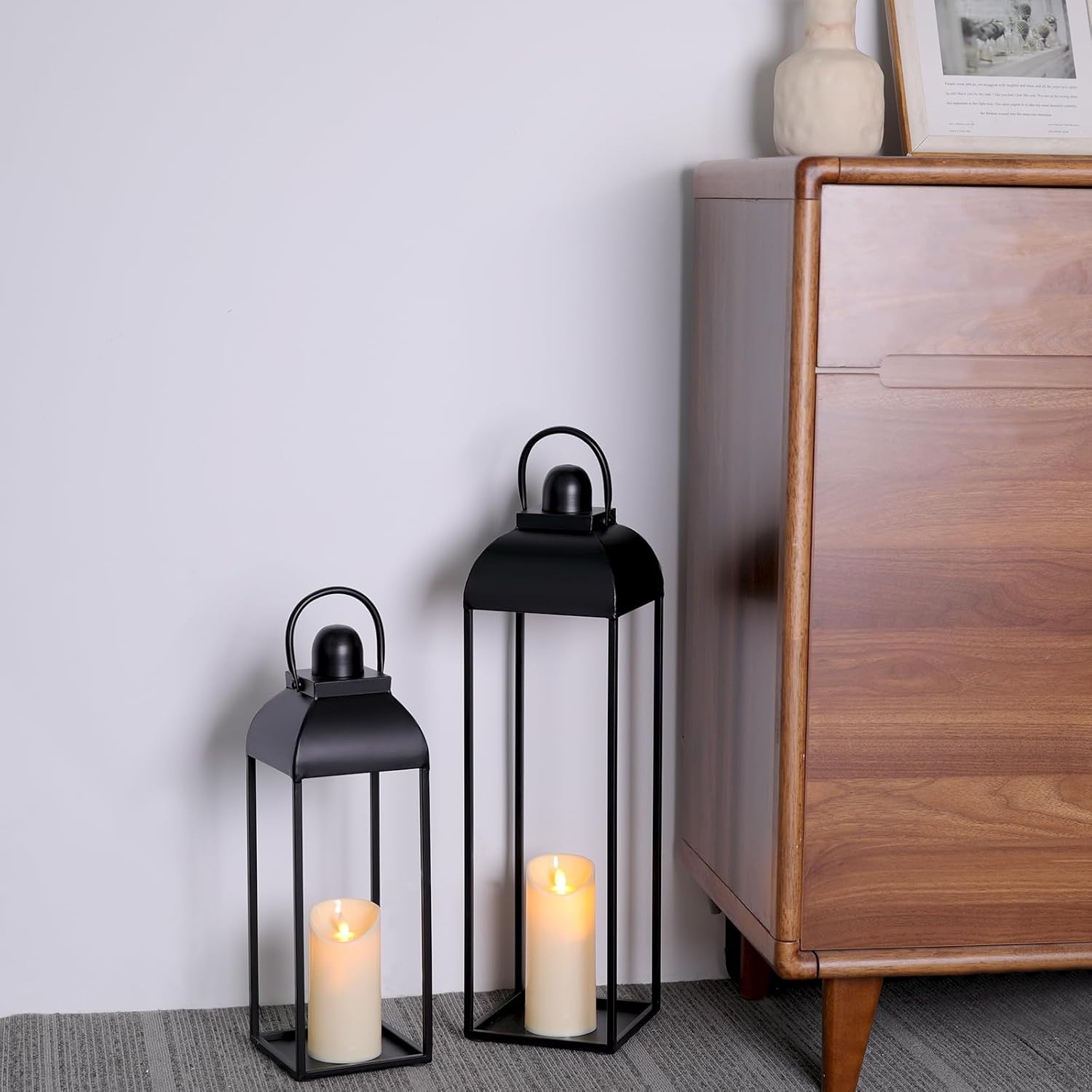 25'' 19'' Lanterns Decorative Outdoor Indoor, Black Metal Outdoor Candle Lanterns, Set of 2 Modern