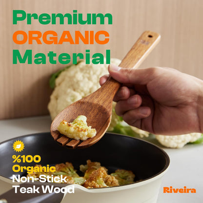 Riveira Teak Wooden Spoons for Cooking Set of 6 – Natural Teak Wooden Cooking Utensils, Wooden