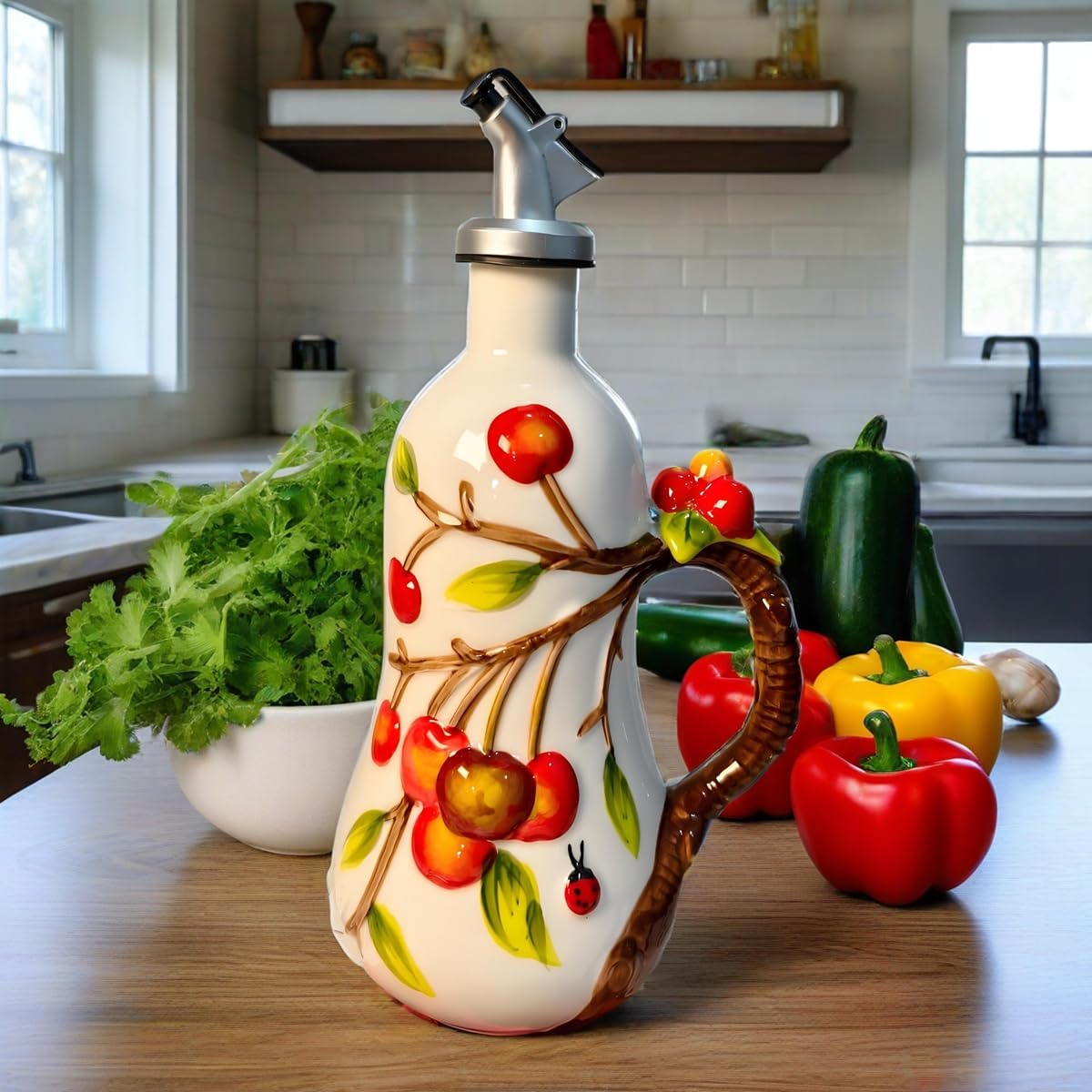 18 Oz Hand Painted Relief Ceramic Olive Oil Bottle Dispenser for Kitchen, Oil and Vinegar Bottle