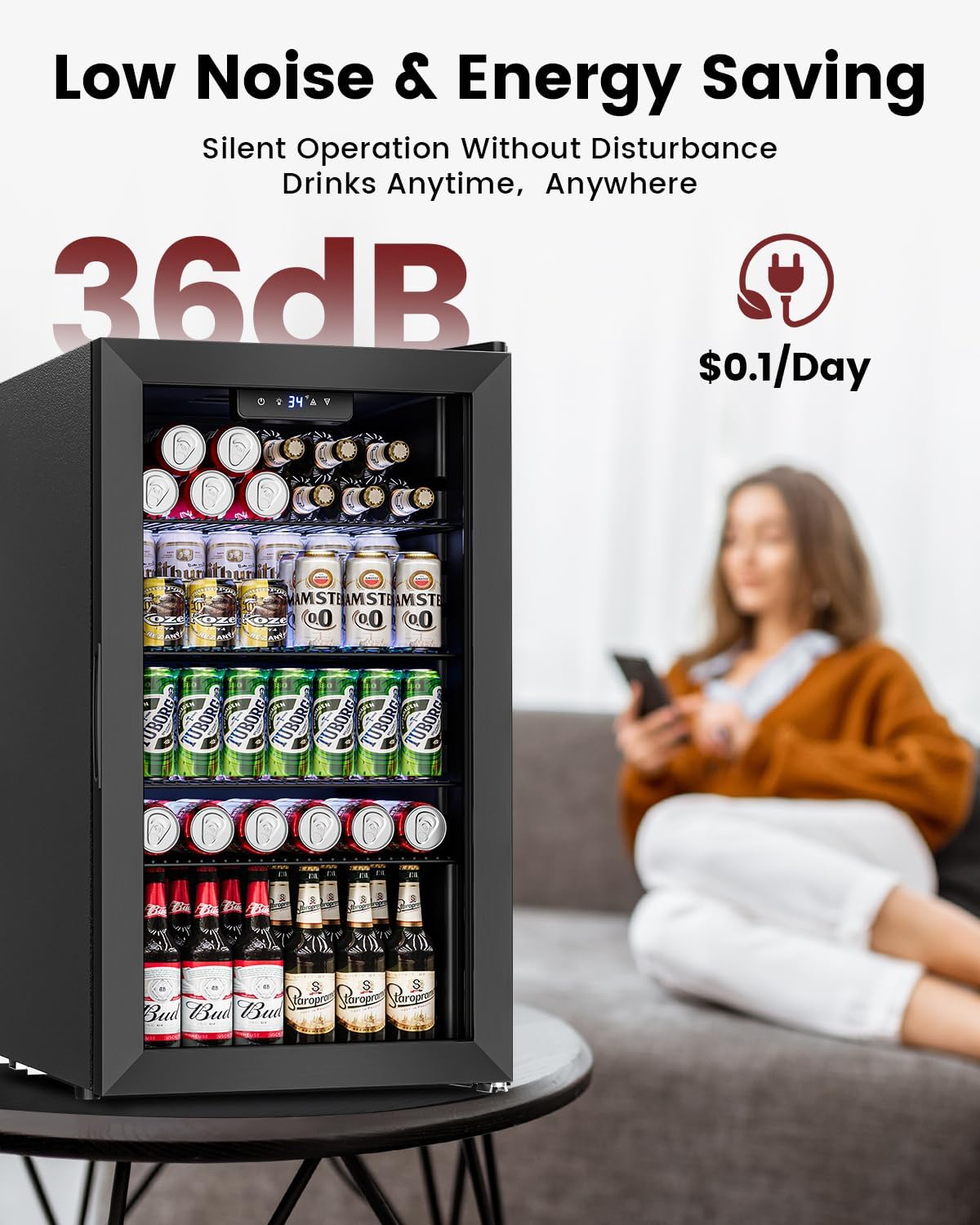 Wine Cooler Refrigerator - 26 Bottle 126 Can Mini Wine Fridge with Glass Door for Beer Soda Water