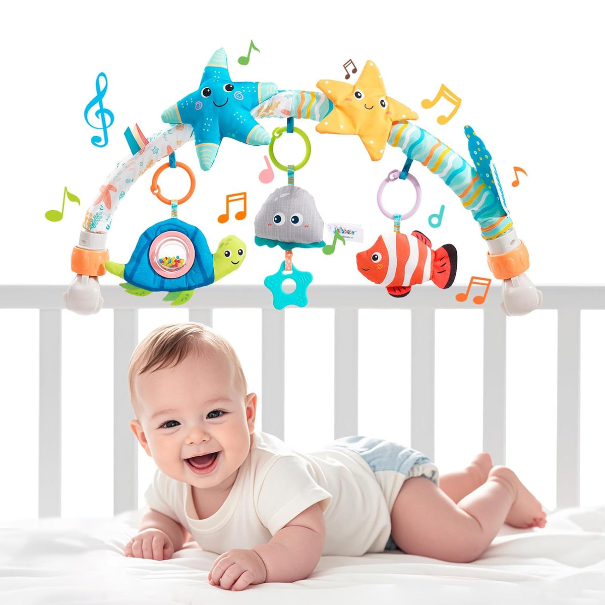 Jollybaby Musical Bassinet Stroller Crib Mobile Toy for Baby 0-6-12 Months, Infant Clip On Arch