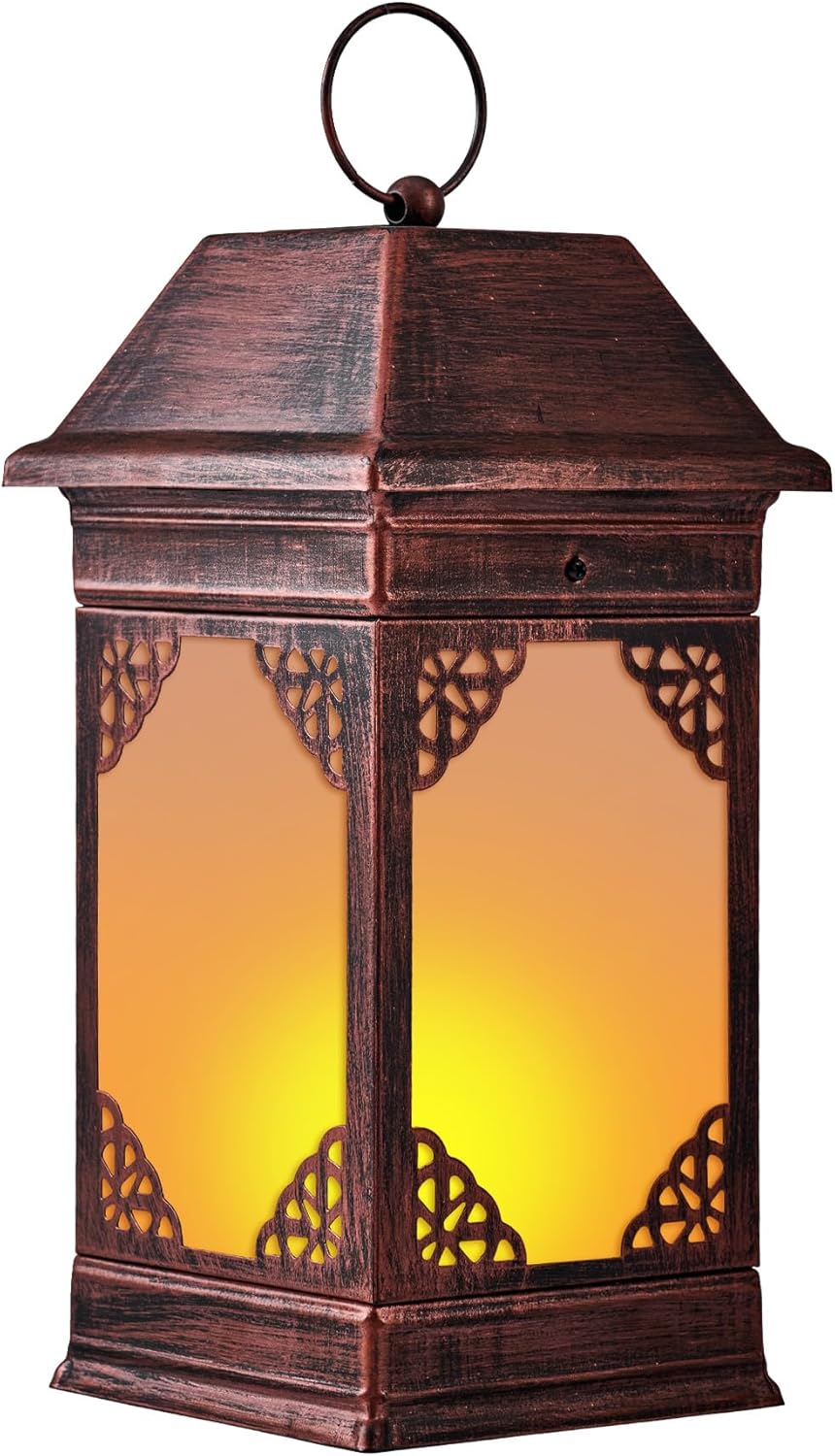 14" Solar Lanterns Outdoor Waterproof, Glass Flickering Flame Solar Lantern, Hanging Metal Lantern
