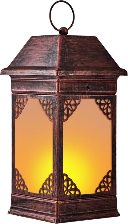 14" Solar Lanterns Outdoor Waterproof, Glass Flickering Flame Solar Lantern, Hanging Metal Lantern