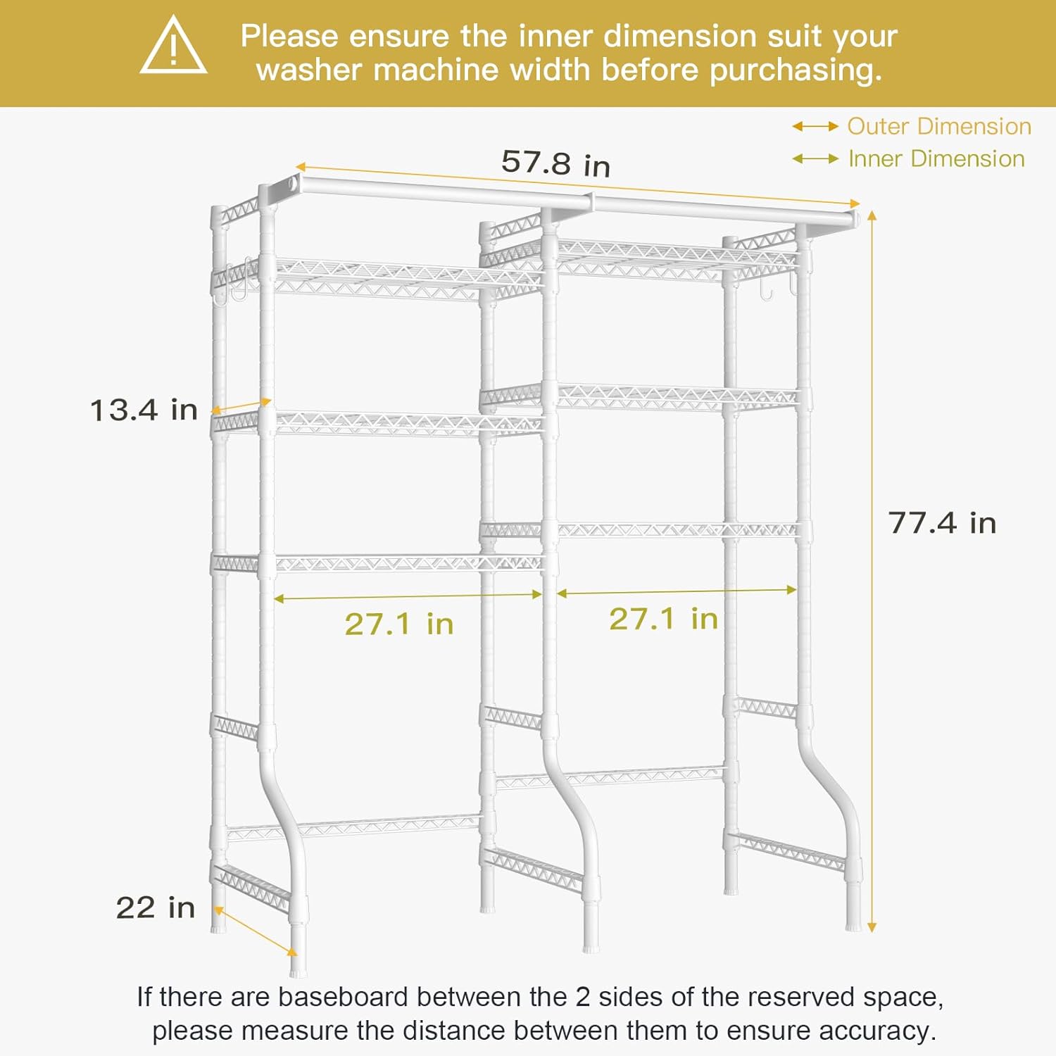 Ulif U13 Medium Over Washer and Dryer Storage Shelves, 6 Tiers Laundry Room Standing Shelf with 2