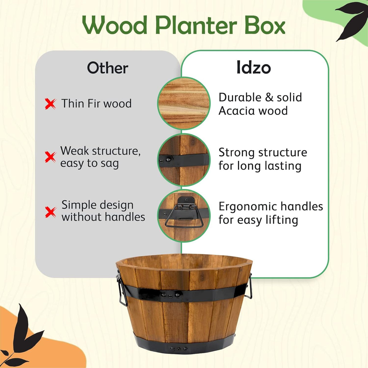 IDZO Set of 3 Wooden Flower Boxes Outdoor, Durable Acacia Wood Barrel Planters for Outdoor Plants