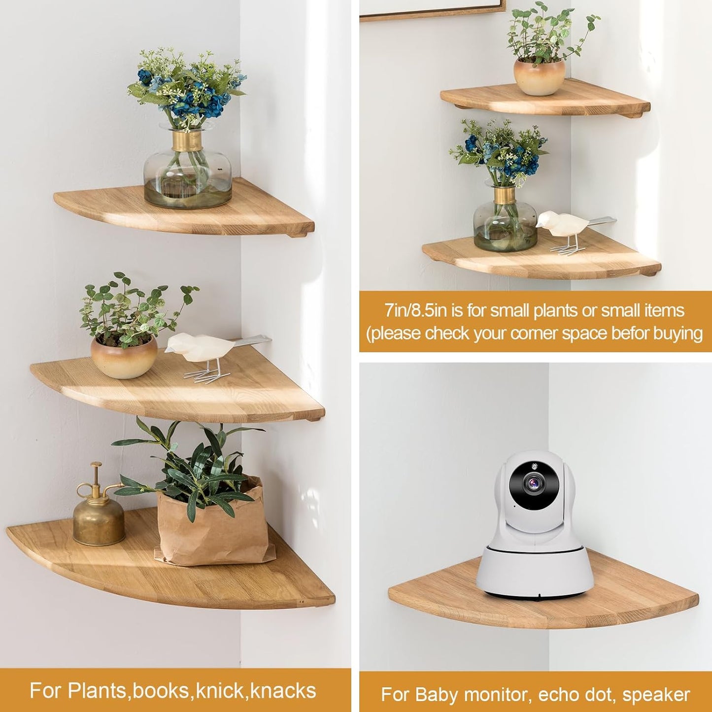 Corner Shelf, 7inch Solid Oak Wood Floating Corner Shelf Wall Mount Round End Floating Speaker