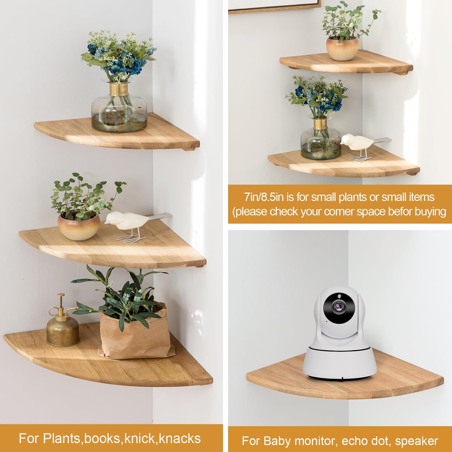 Corner Shelf, 7inch Solid Oak Wood Floating Corner Shelf Wall Mount Round End Floating Speaker