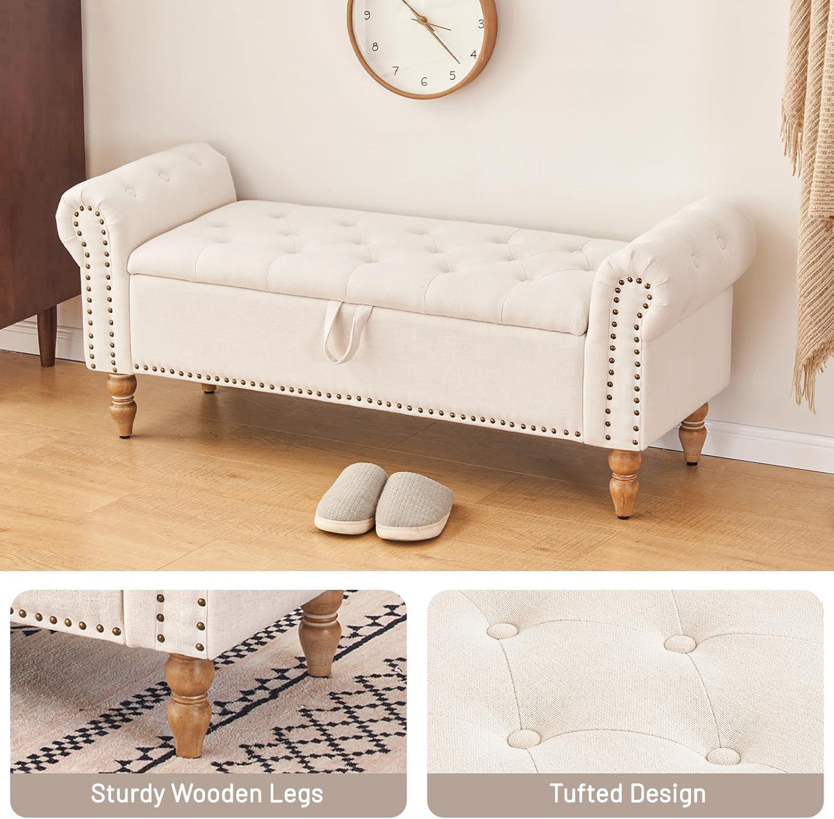 Furniliving 51” Storage Benches, End of Bed Bench with Button-Tufted Large Upholstered Storage