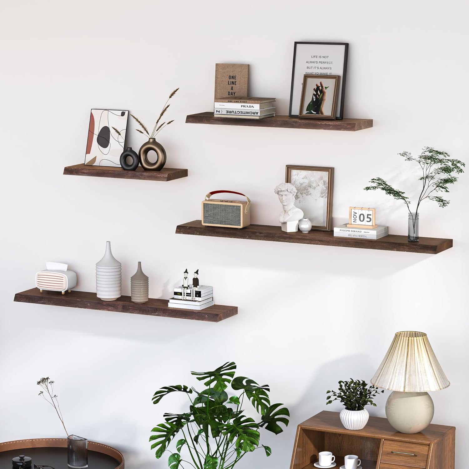 Floating Shelves for Wall, 36"x9.3" Rustic Solid Live-Edge Elm Wood Wall Shelves, Heavy-Duty