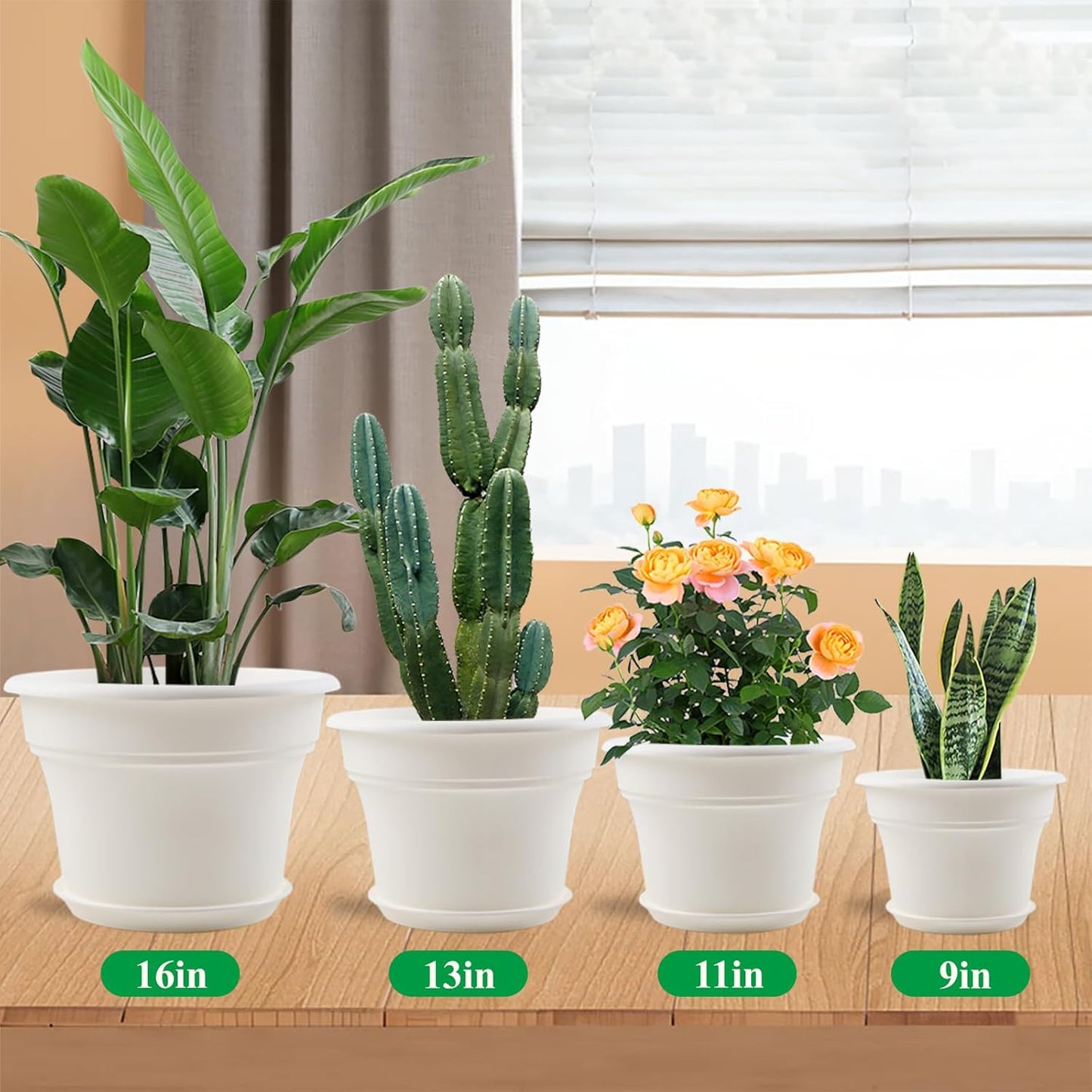 13 Inch Plastic-Flower-Pot-for-Indoor-Plants, 4 Pack Large Outdoor Planter Pot with Drainage Holes