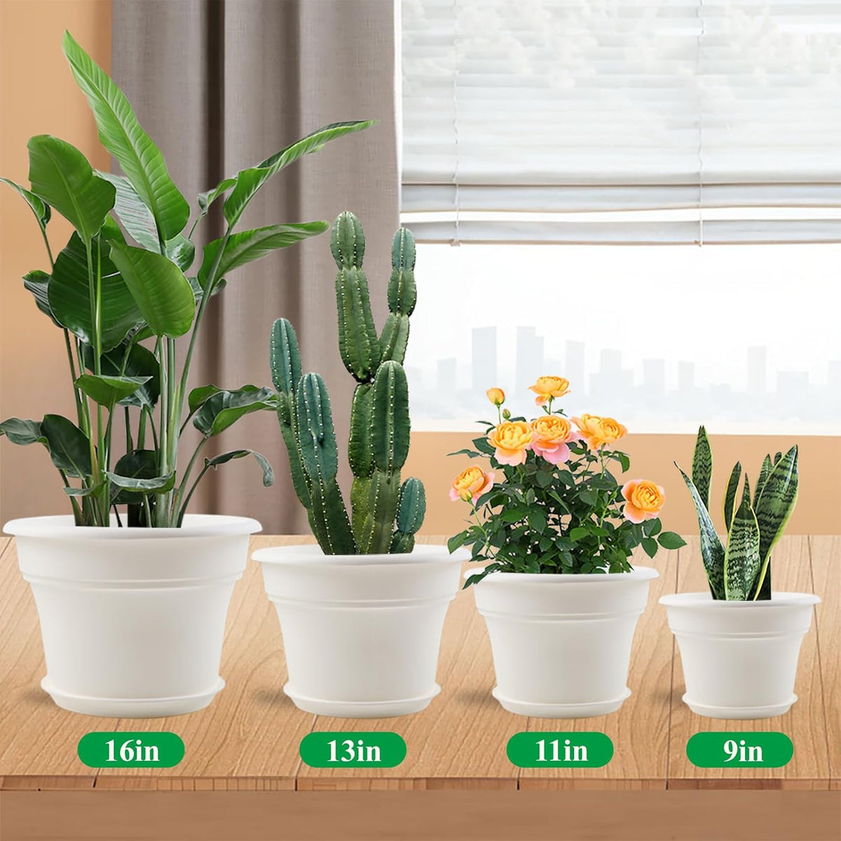 13 Inch Plastic-Flower-Pot-for-Indoor-Plants, 4 Pack Large Outdoor Planter Pot with Drainage Holes