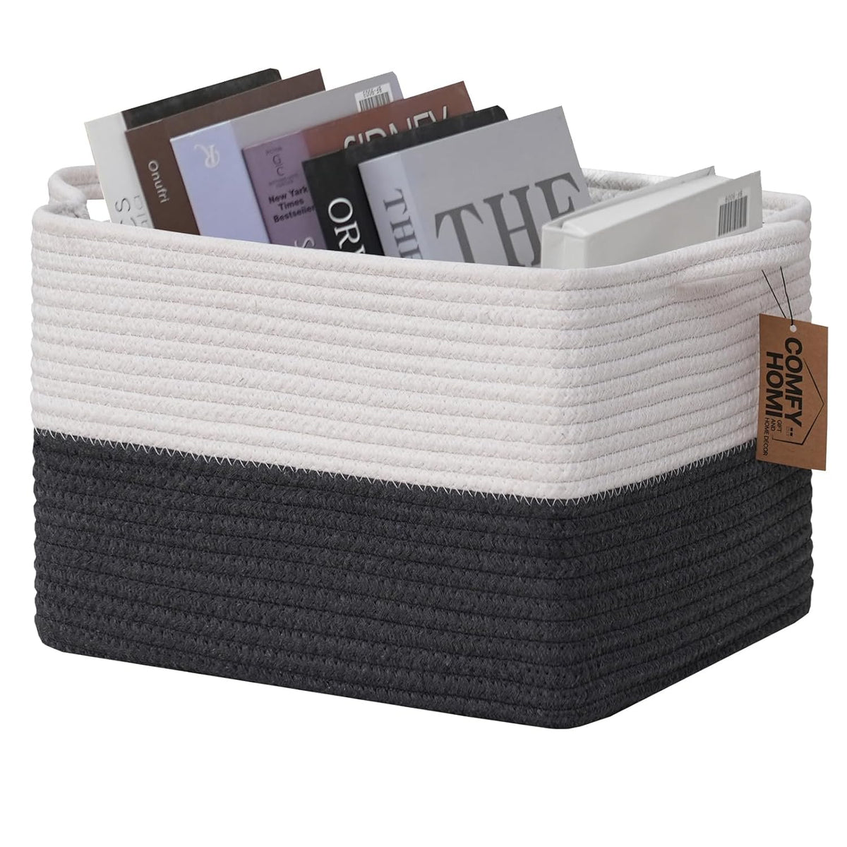 COMFY-HOMI Cotton Rope Woven Basket with Handles for Shelves,Toys,Book, Cloth Storage Baskets Bin