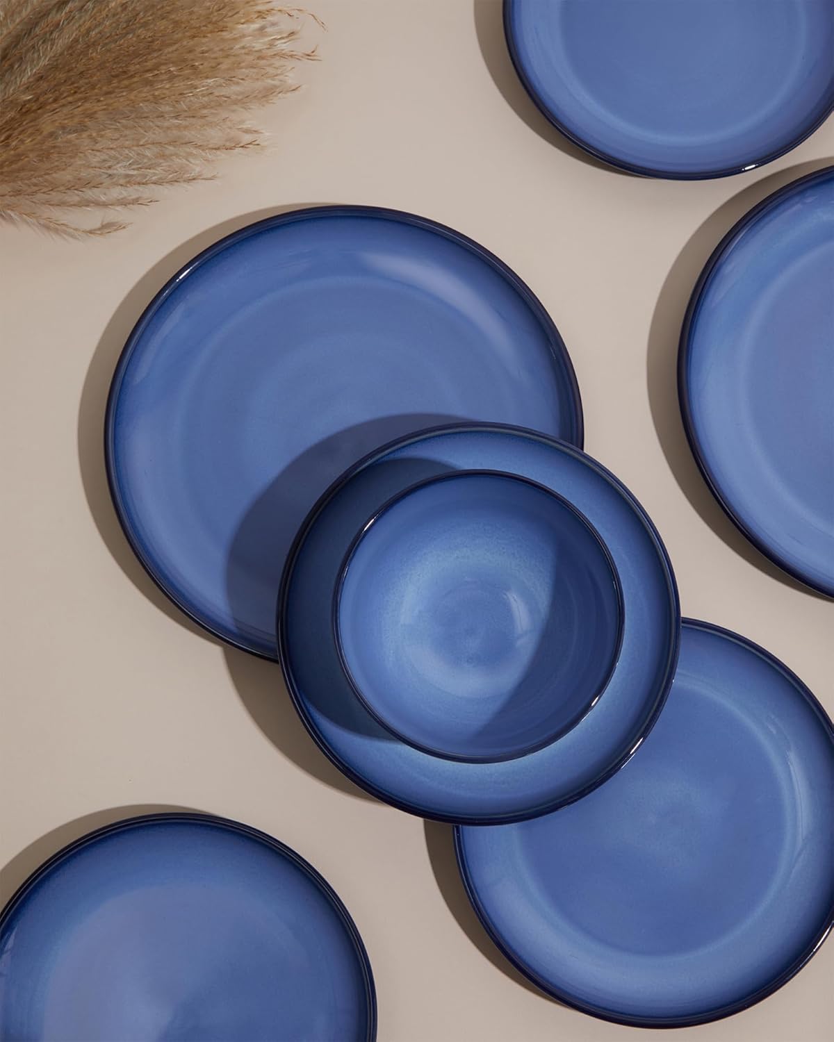 Blue Stoneware Dinnerware Set, 12 pcs Reactive Glaze Plates and Bowls Sets, Handmade Round Dishes