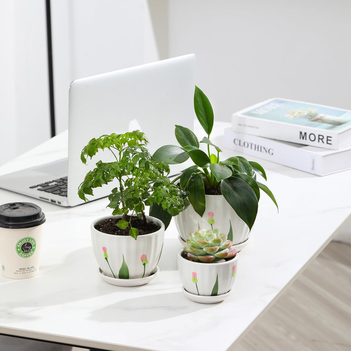 Ceramic Plant Pots with Drainage Holes and Saucers, Round White Flower Pots for Indoor Plant