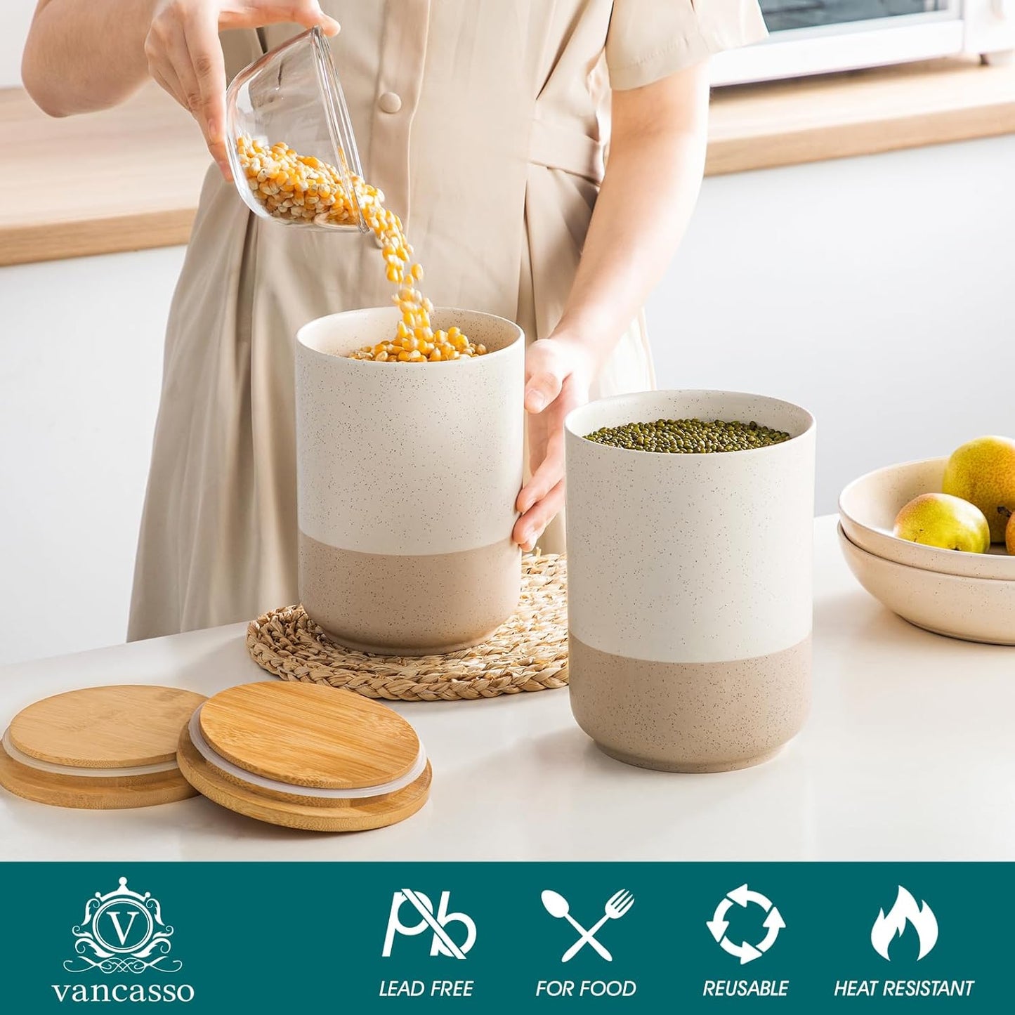 vancasso Sabine Large Ceramic Canister Set with Airtight Wood Lids - 2-Piece Kitchen Food Storage