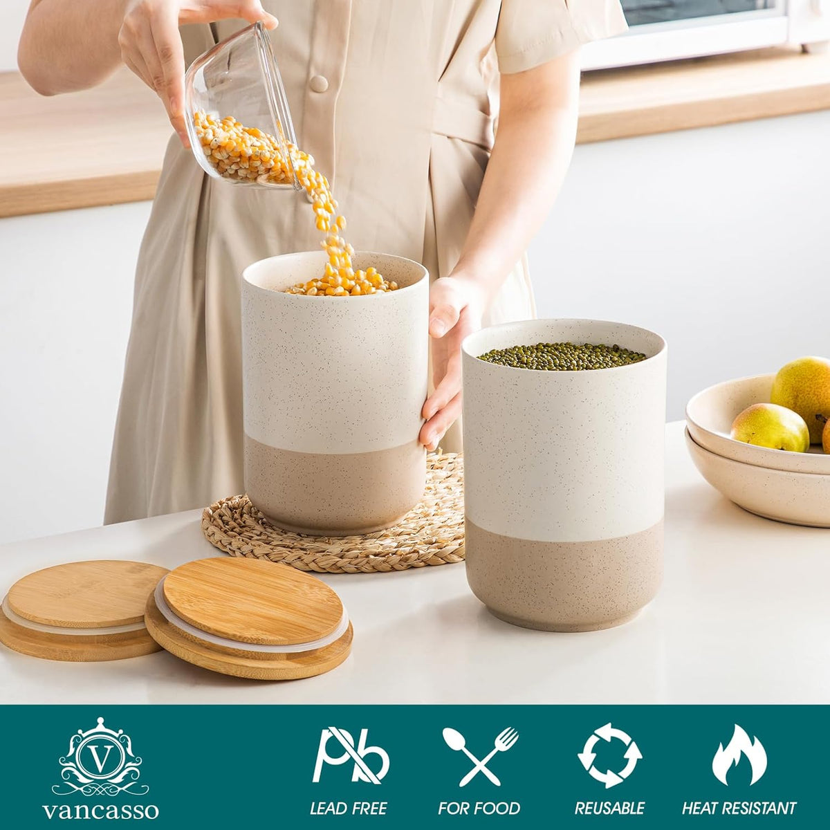 vancasso Sabine Large Ceramic Canister Set with Airtight Wood Lids - 2-Piece Kitchen Food Storage