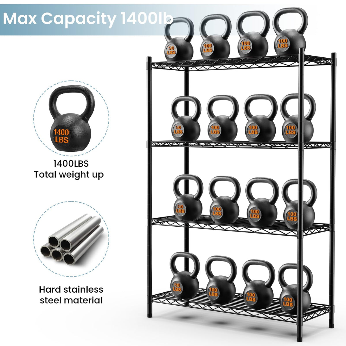 Whitmor 4 Tier Shelving Unit, Metal Storage Shelves, Adjustable Heavy Duty Shelf with Wheels , 400